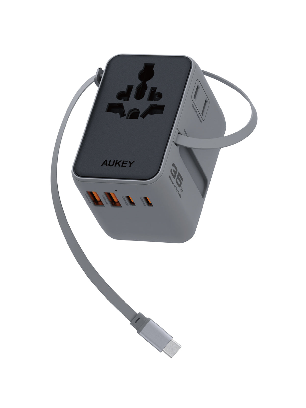 PA-TA12 35W Globe Reel 4-Port GaN Universal Fast Charging Travel Adapter w Retractable Type C Cable