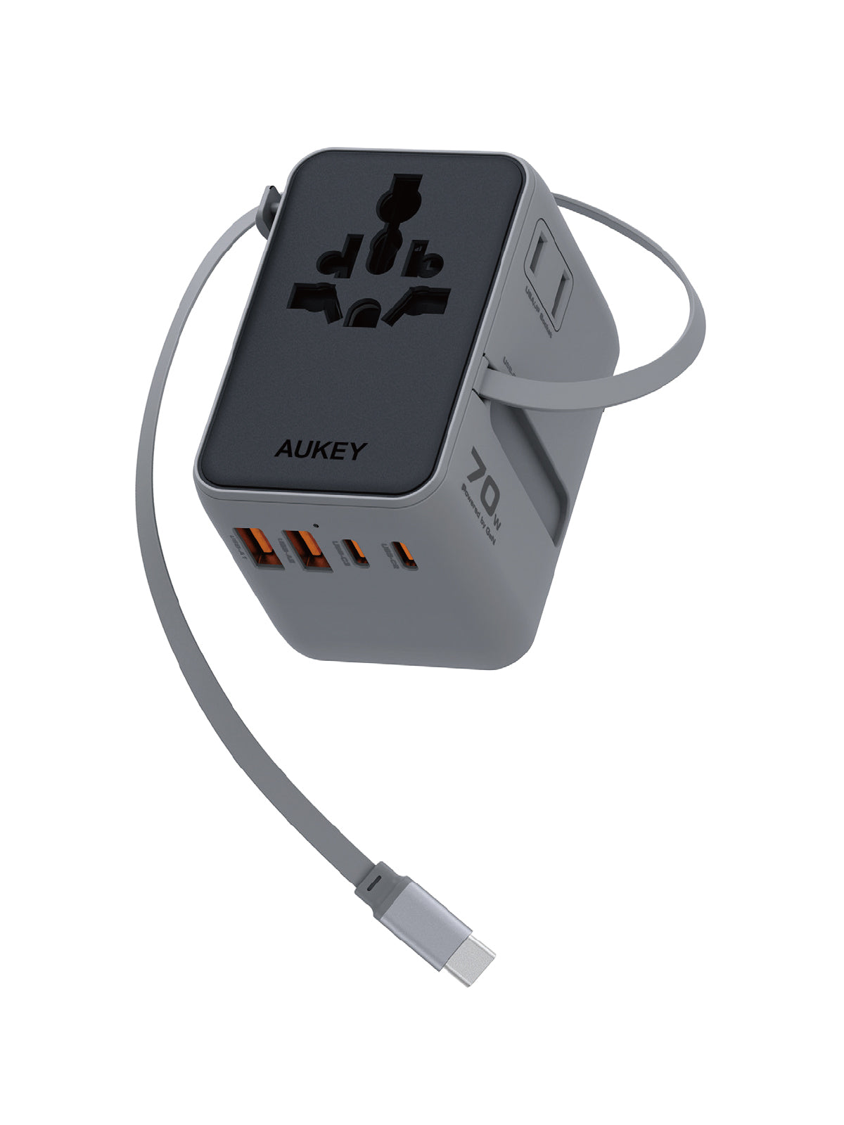 PA-TA14 70W Globe Reel 4-Port GaN Universal Fast Charging Travel Adapter w Retractable Type C Cable
