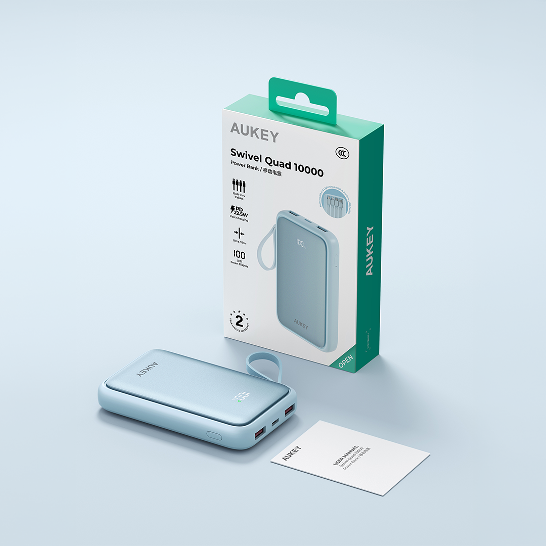 PB-Y95 Swivel Quad 10k mAh 22.5W Fast Charging Power Bank With 4 Built-in Cables- 3C Certification