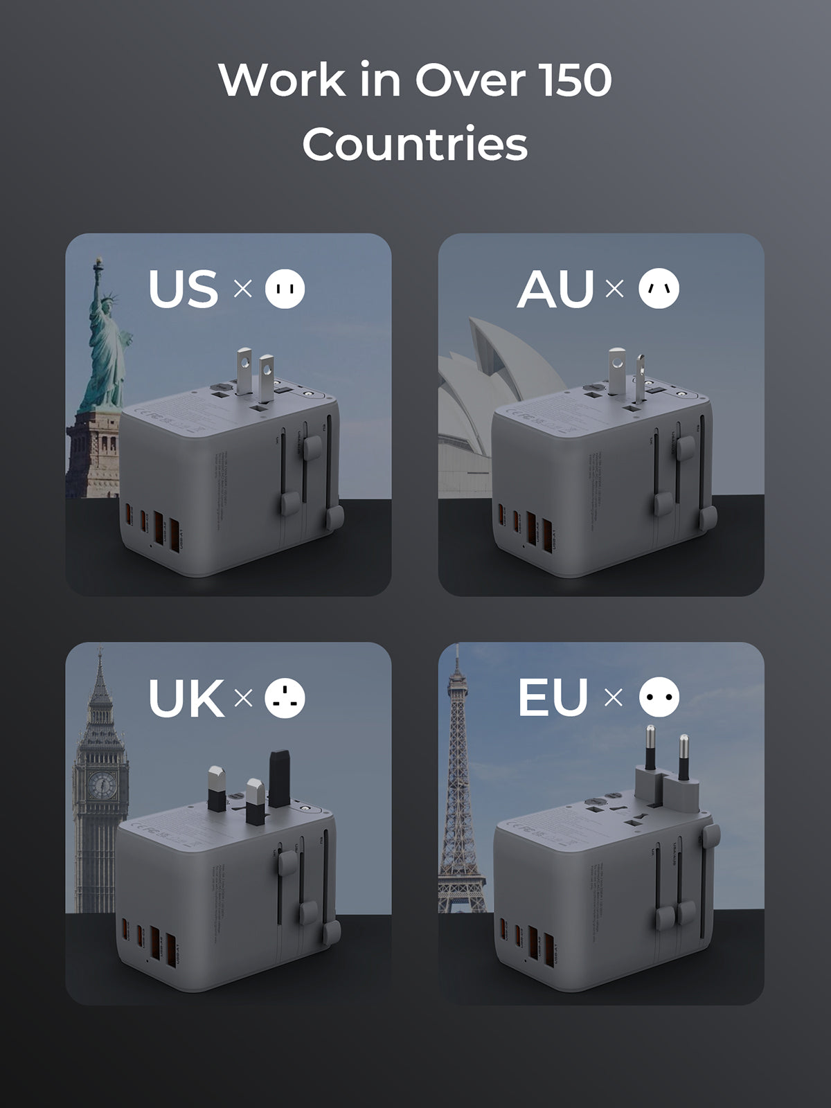 PA-TA12 35W Globe Reel 4-Port GaN Universal Fast Charging Travel Adapter w Retractable Type C Cable