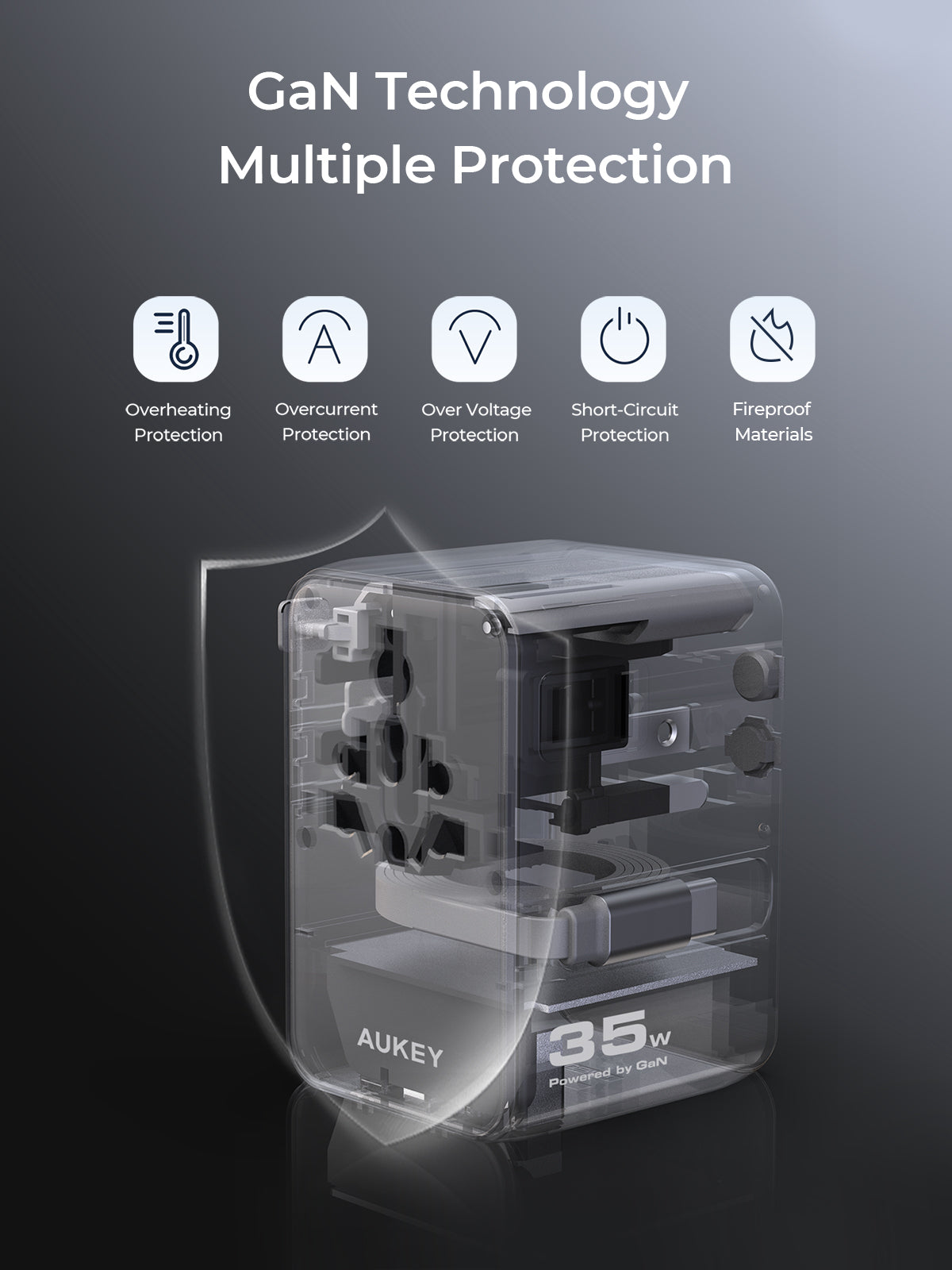 PA-TA12 35W Globe Reel 4-Port GaN Universal Fast Charging Travel Adapter w Retractable Type C Cable