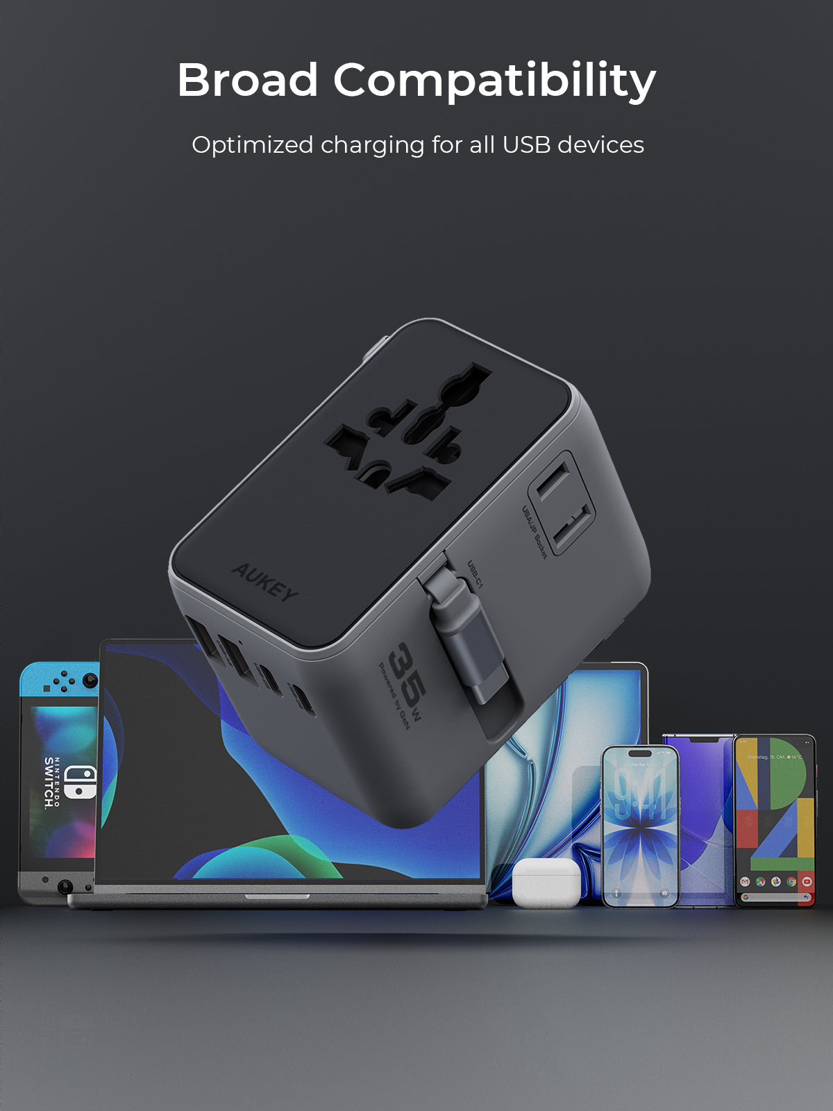PA-TA12 35W Globe Reel 4-Port GaN Universal Fast Charging Travel Adapter w Retractable Type C Cable
