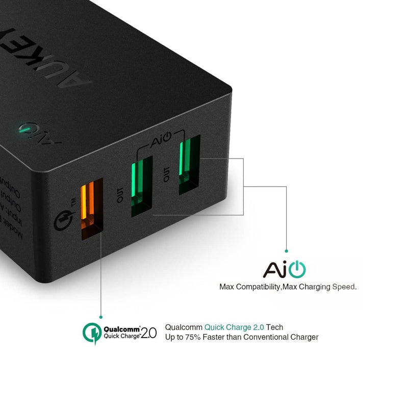 AUKEY PA-T2 42W 3 USB Ports Qualcomm Quick Charge 2.0 Charger - Aukey Malaysia Official Store