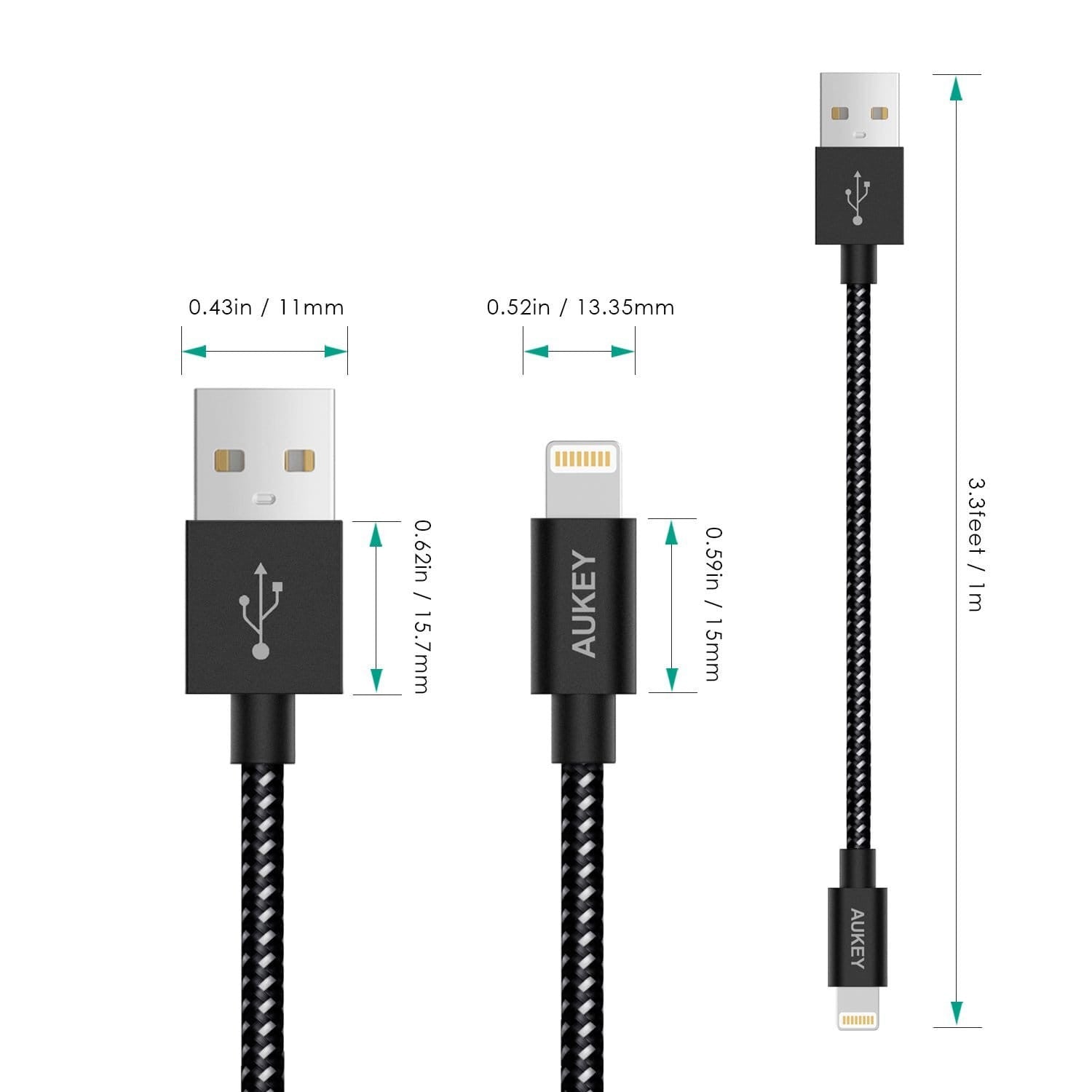 Aukey CB-D16 Apple cable dimension and lenght
