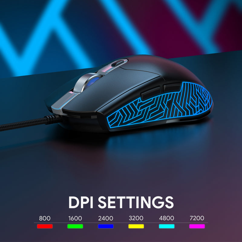 GM-F3 RGB Wired Gaming Mouse with 7200 DPI Optical Sensor, 6 Programmable Buttons, Lightweight Design, and Macros